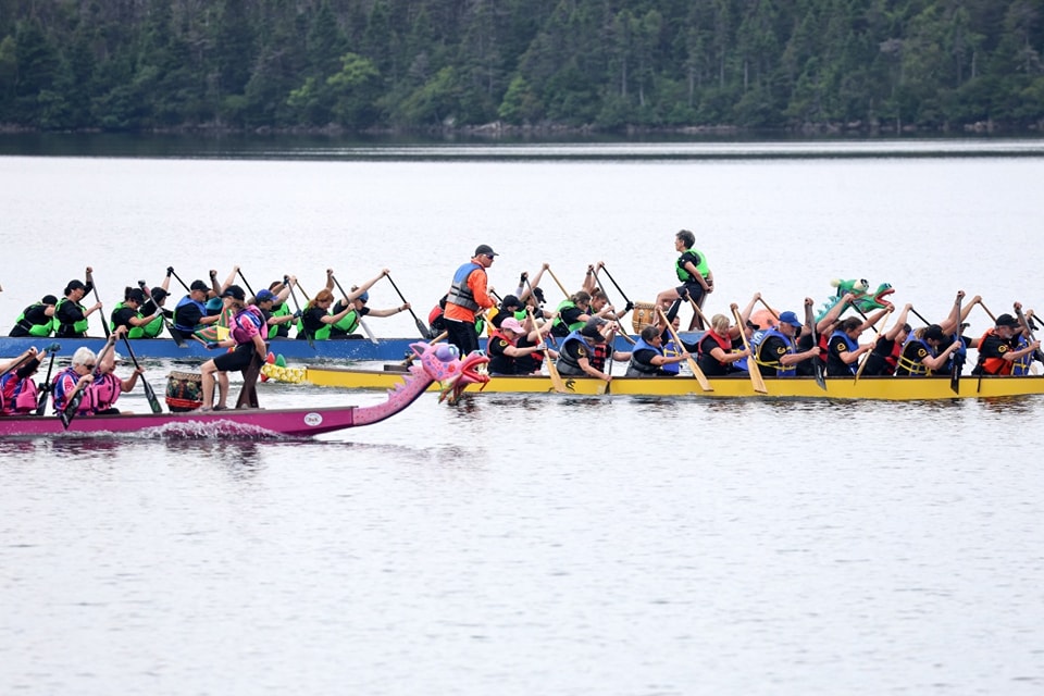 Photo of rowers on the water in a dragon boat